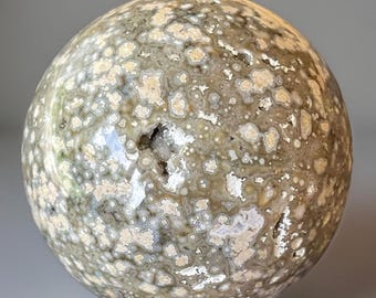Orbicular Ocean Jasper Sparkling Sphere, Marovato Olive Green Jasper Crystal Ball, Collectors Unique Orbicular Ocean Jasper