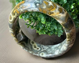 Marovato Ocean Jasper Bangle Bracelet with Orbs Flowers and Quartz, Madagascar Orbicular Ocean Jasper old stock collectors edition jewelry