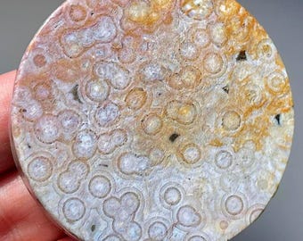 Ocean Jasper Yellow Blue & Pink Round Crystal Disk • Madagascar Ocean Jasper • Orbicular Jasper Slice • Bubble Jasper Flat • Rock Lover Gift