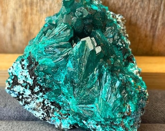 Dioptase & Shattuckite Specimen, Natural Deep Emerald Green Raw Crystal Mineral, Rare Collector's Piece, Striking Emerald Green Dioptase