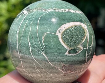 Green Jasper Sphere • Natural Polished Stone Ball • Crystals for Gifting Collecting & Decorating • Green White Jasper