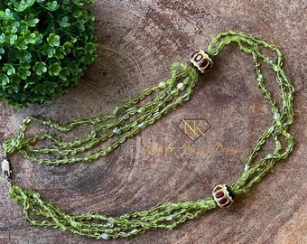 Peridot and Ruby Sterling Silver Beaded Necklace with hand enameled beads