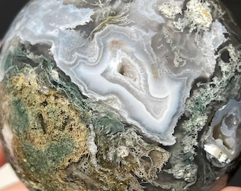 Plume Moss Agate Statement Sphere with Druzy and Quartz