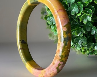 KABAMBY Ocean Jasper Slim Bangle Bracelet with Pink Yellow Orbs, Orbicular Ocean Jasper Hard Bangle, Collectors edition jewelry