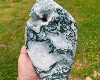Moss Agate Flame Unique with Druzy, Statement Green Moss Agate , Moss Agate Freeform 3.LB 8.3 Oz
