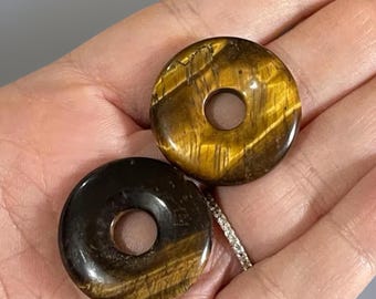 Tigers Eye Crystal Donut, Natural Gemstone Circle Pendant, Unique Crystal Sphere Holder carved from Golden Brown Tiger Eye