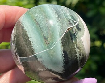 Zebra Green Jasper Sphere • Natural Polished Stone Ball • Crystals for Gifting Collecting & Decorating • Green White Jasper