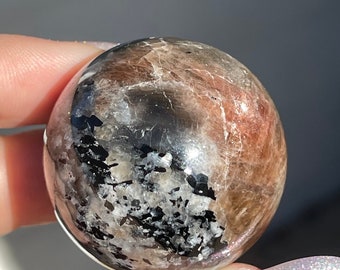 Rainbow Black Moonstone with aventurescent  Sunstone Mica and Confetti Flash Sphere , Unique Incredible Rare Crystal Find