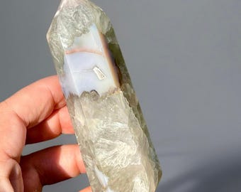 Prasiolite & Flower Agate Point, Green Quartz Agate Crystal Tower, Natural Stone Rocks Home Decor, Meditation and Crystal Grids