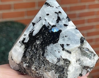 Rainbow Moonstone XL Top Polished Point, Flashy Statement Moonstone and Black Tourmaline Crystal
