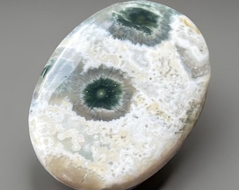 1st Vein Ocean Jasper Flat Palm Stone: Madagascar Ocean Jasper, Orbicular Old Stock pocket rock - (488)