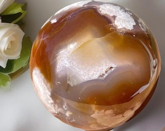 Flower Agate Sphere, Red Peach Jelly Agate & Pink Flower Crystal Ball, Unique Natural Mineral specimen