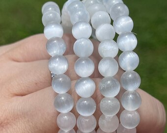 Selenite Crystal Bracelet Cats eye Flash - 7mm Beads