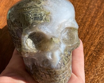 Moss Agate Druzy Skull | Druzy Moss Skull | Moss Agate Large Carvings | Natural Gold Moss Agate Skull Almost 4”