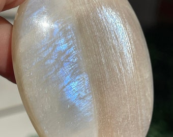 Blue Peach Moonstone Palm Stone with Incredible BLUE Flash, High Quality Silky Moonstone, Rare Crystal Find