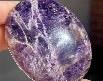 Amethyst HQ Palmstone, Natural Purple Phantom Amethyst for Cabinet Display, Unique Collector Decor Piece, Crystal Pocket Rock(418)