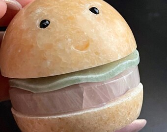 Crystal Hamburger Carvings , Calcite Rose Quartz Green Aventurine Funny Crystal Carving’s