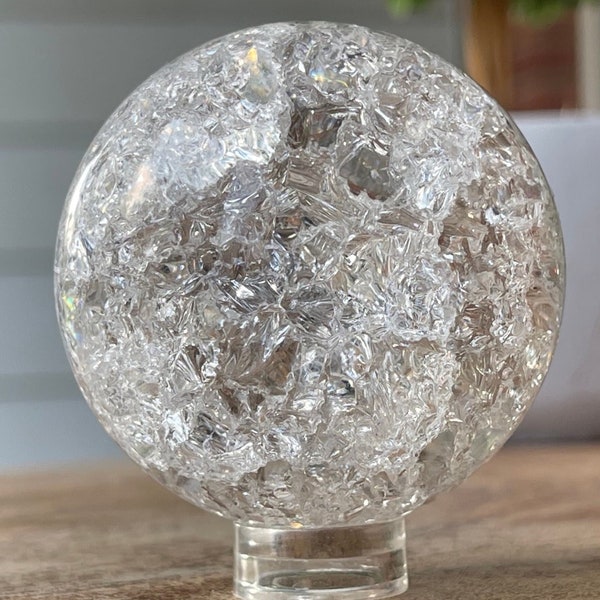 Crackle Quartz Sphere , Clear Quartz with Rainbows, Ice Crackle Ball