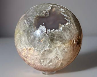 Pink and Green Amethyst Black Flower Agate XXL Sphere, Unique Rare Crystals, Pink Amethyst with rainbows
