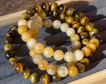 Tiger Eye & Golden Healer Crystal Bracelet - 9mm Beads, Natural Colorful Gemstone Beads, Layering Stacking Jewelry