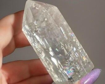 White Optical Calcite Obelisk, Natural Rainbow Gemstone Tower, Rocks for Decor & Crystal Grids