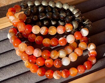 Carnelian Agate & Pyrite HQ Strech bracelet, 8mm crystal beads, Layering Jewelry