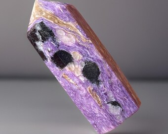 Charoite Small Tower, Energy Crystal Point, Natural Chatoyant Purple Black Gem, Meditation Rocks for Home Decor (486)