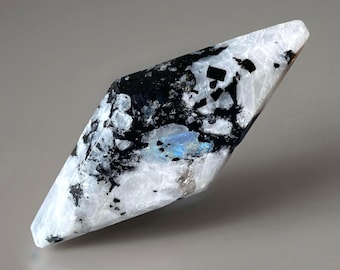 Rainbow Moonstone Diamond Rhombus on a black stand, Flashy Moonstone and Black Tourmaline Crystal