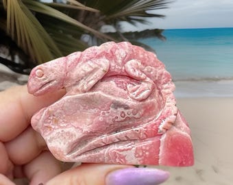 Rhodochrosite Lizard Hand carved Crystal Sculpture - No.72 • Unique Natural Pink Stone Reptile