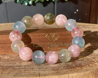 Natural Beryl Gemstone Bracelet • Stretch 15mm Beads • Morganite, Aquamarine, Heliodor • Handmade Crystal Jewelry Gift • Shades of Beryl