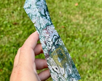 Purple Moss Agate Canton Tower with Druzy and a Natural Dragon Face Print | Pink Red Moss Agate crystals