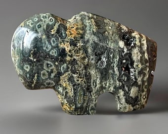 Ocean Jasper Buffalo Crystal Carving, Spirit Animal Gift, HQ Orbicular Jasper Natural Stone Buffalo Gemstone Sculpture (49)