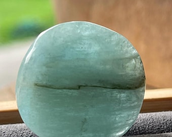 Aquamarine Mini Flat Palmstone with Green Tourmaline inclusion, Gemmy Blue Natural aquamarine round
