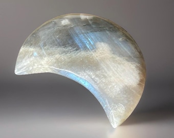 Moonstone Crescent Moon Blue Flash, Translucent Moonstone Crystal Carving #70