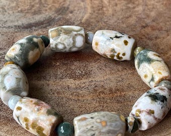 8th Vein Ocean Jasper Bracelet Big Barrel beads, Orbicular Ocean Jasper, old stock, 6th , 4th, 1st Vein collectors edition