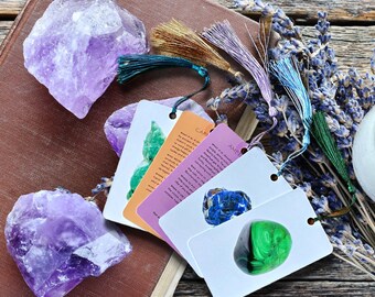 Crystal Tarot card BOOKMARKS with color matching tassel, Gifts for book lovers, students and crystal collectors