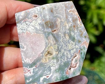 Pink Blue Moss Agate Freeform, Calcite & Quartz Druzy Polished Moss Agate Stone, Rare Agate Crystal