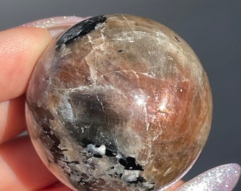 Rainbow Black Moonstone with Arusha Sunstone Mica and Confetti Flash Sphere , Unique Incredible Rare Crystal Find