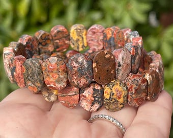 Leopard Jasper Beaded Bracelet - 14mm Beads, Natural Soft Stretchy Jasper Bangle, Crystal Beads, Layering Gemstone Jewelry