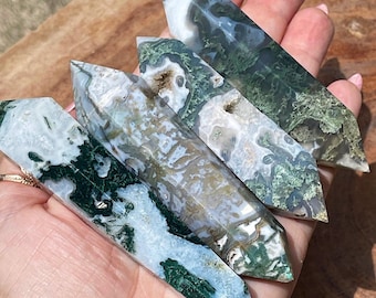 Moss Agate Double Point, Moss Agate Crystal wand, You choose Agate DT, Crystal Grids