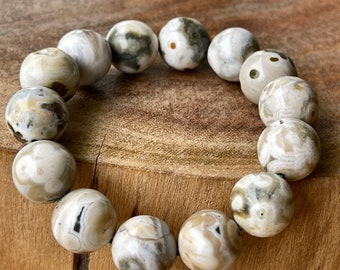 8th Vein Ocean Jasper Bracelet large beads. Orbicular Ocean Jasper, old stock, collectors edition