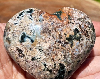 Madagascar Ocean Jasper Heart , Pink, Purple, Yellow Blue Ocean Jasper Puffy Heart Carving