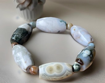 8th & 6th Vein Ocean Jasper Bracelet Xlarge  Barrel beads, Orbicular Ocean Jasper Stacking Jewelry, collectors edition layering bracelet