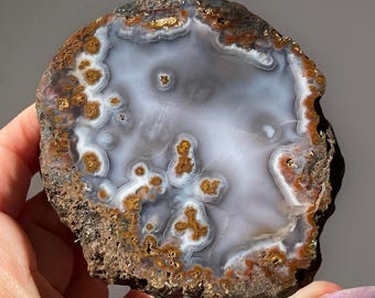 Turkish Blue Tube Agate Nodule Slice, Dendritic Agate with Golden Inclusions, Natural Chalcedony Slab, Collector Grade Agate, Ankara Çubuk