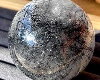 Silver Black and Gold Rutile Sphere, Chatoyant Rutilated Collectors Crystal Ball, Black & White Gemstone (482)