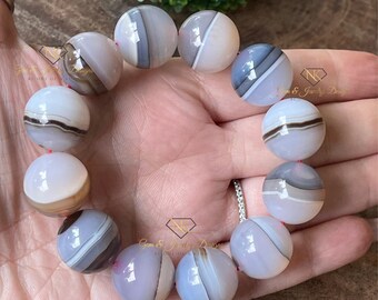 Chalcedony Botswana Agate 19MM Large Beads Bracelet, HQ Rare Collectors Edition Handmade Jewelry - #32