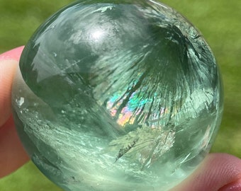 Green Fluorite Sphere, Unique Rainbow Crystal, Dendritic Pattern Fluorite sphere, Gifts for gem collectors