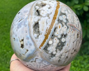 8th Vein Blue Ocean Jasper HUGE Statement Sphere with druzy, Ocean Orbicular Jasper Crystal Gift, AAA Collectors Madagascar Jelly Jasper