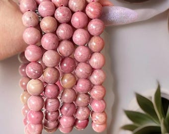 Thulite Crystal Bracelet - 9mm Beads, Natural Pink Colorful Gem Beads, Layering Jewelry