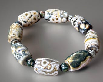 8th , 6th , 4th, 1st Vein Ocean Jasper Bracelet XL beads. Orbicular Ocean Jasper, old stock, collectors edition